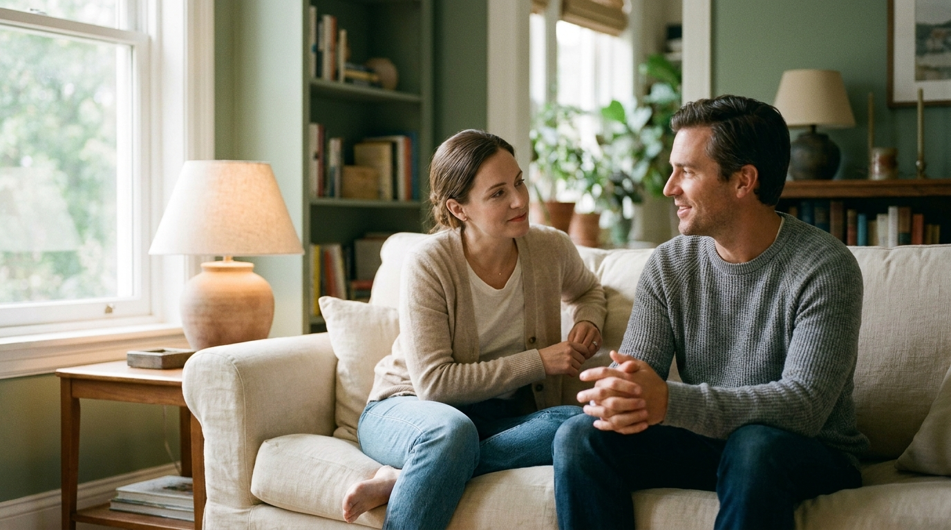 Couple en consultation de thérapie échangeant avec un thérapeute