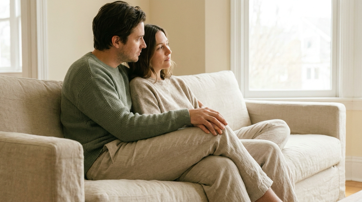 Couple assis sur un canapé, dialogue tendre autour de la baisse de désir