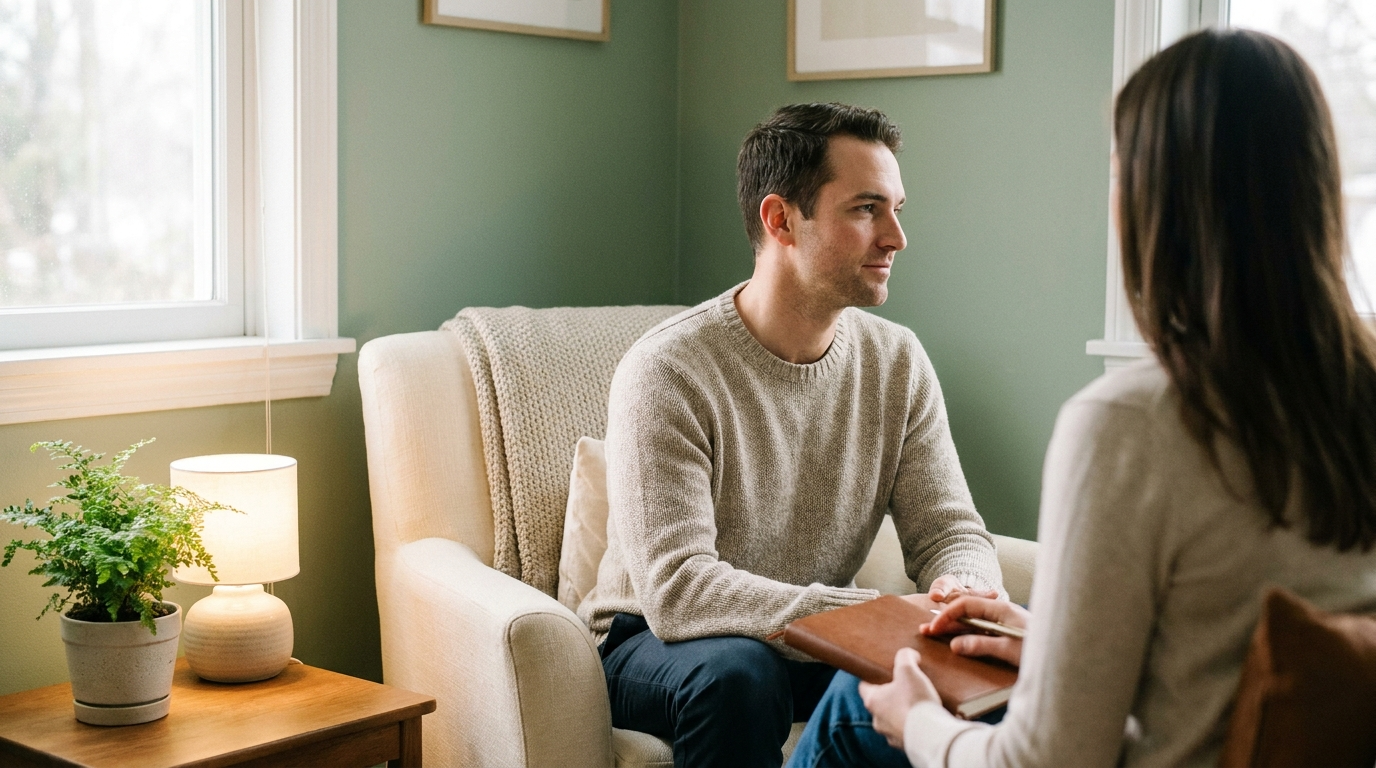 Homme songeur évoquant un suivi thérapeutique pour l'éjaculation précoce