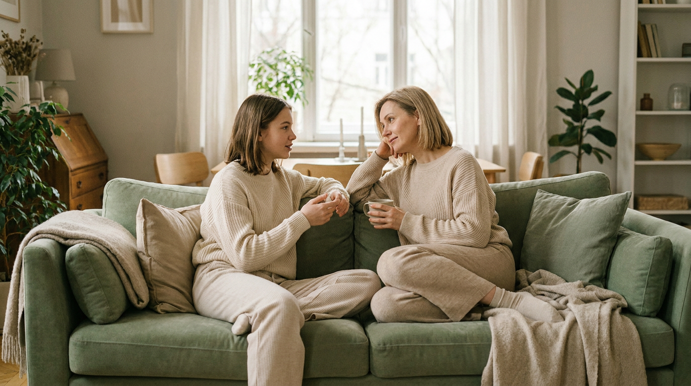Parent et adolescent en train de dialoguer avec bienveillance