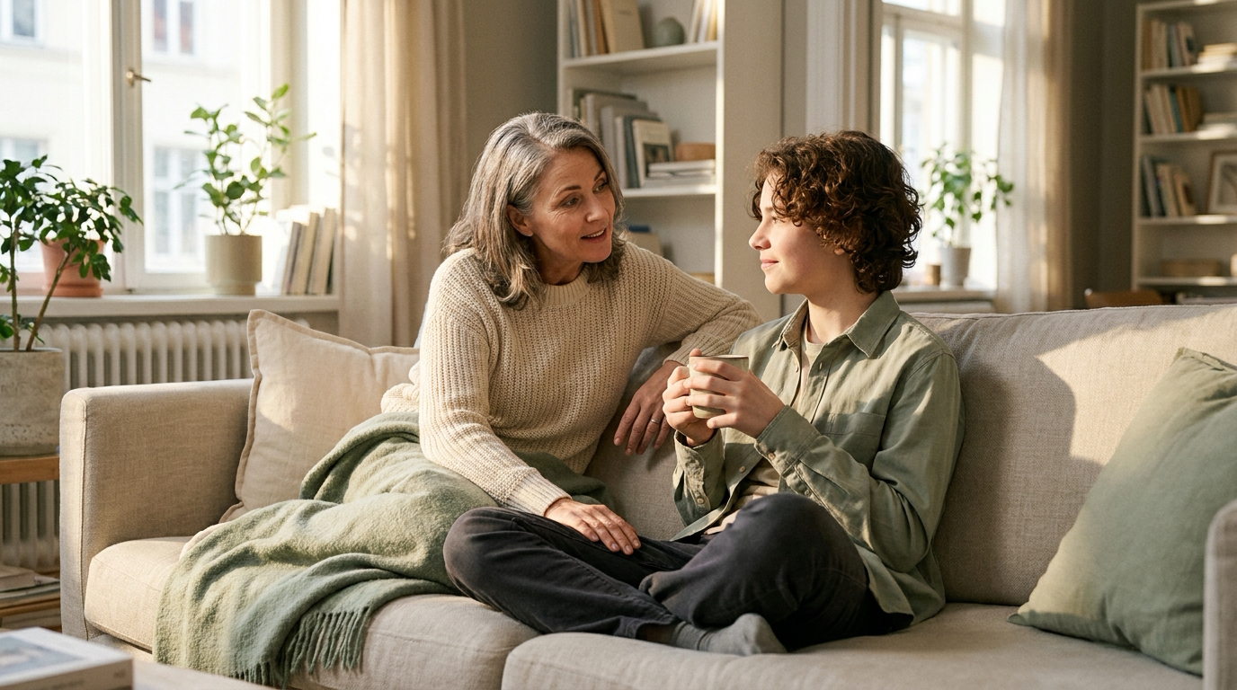 Parent et adolescent en discussion bienveillante