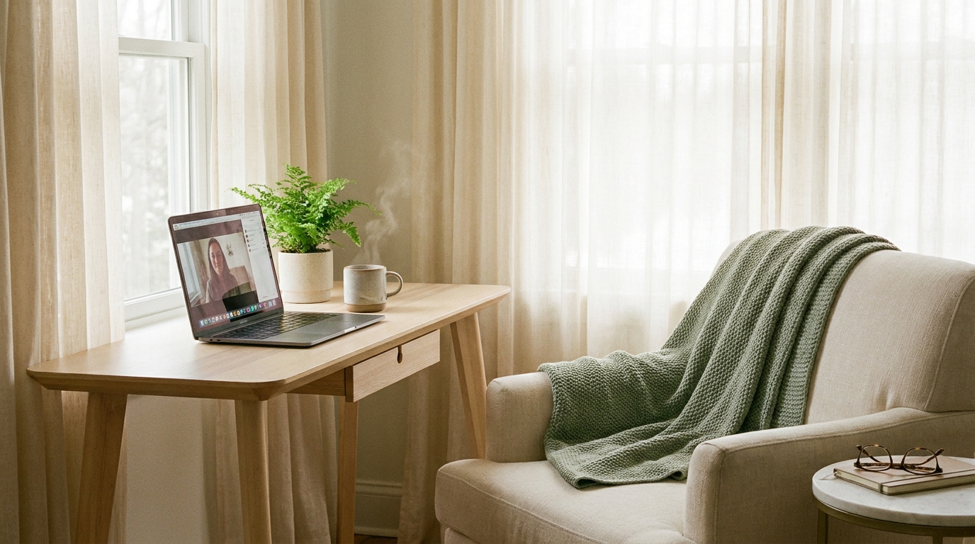 Femme en consultation de sexologie en ligne devant son ordinateur