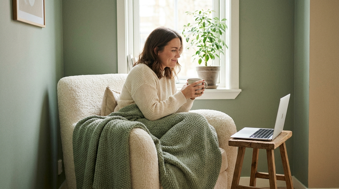 Femme en consultation de sexologie en ligne par visio, chez elle