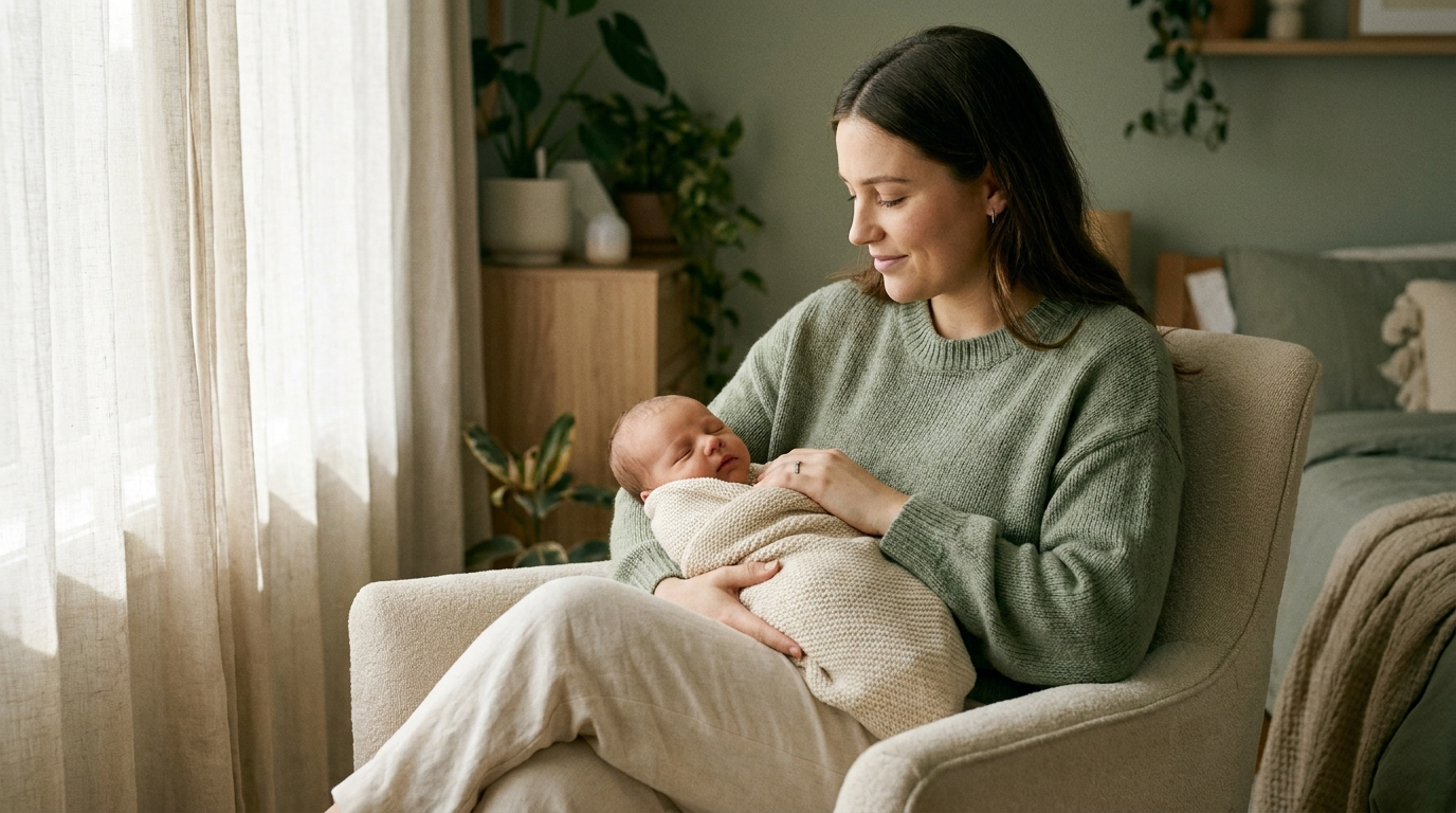 Jeune mère tenant son nouveau-né, sérénité après l'accouchement